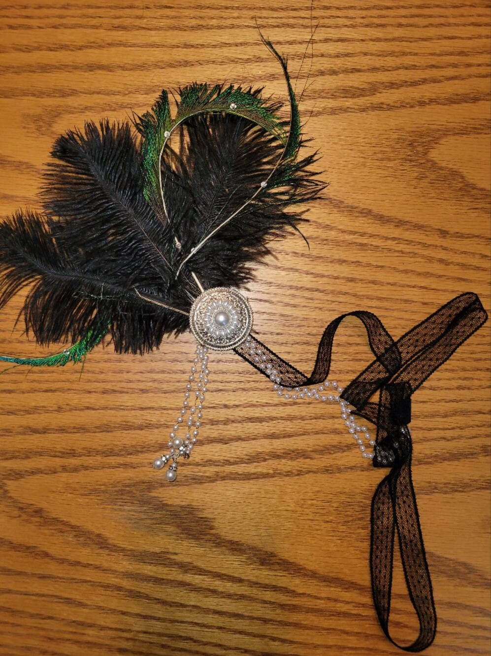 Black and Green Feather Pearl Headpiece